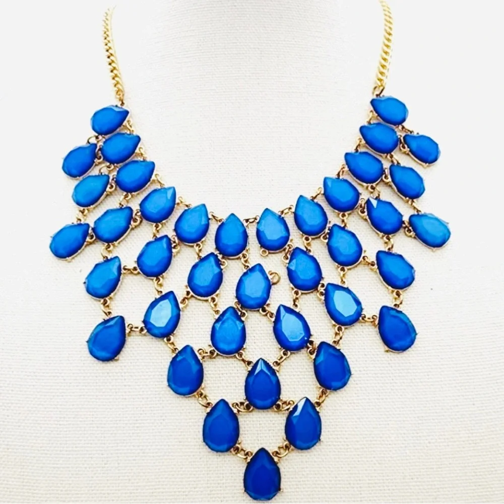 Contemporary Modern Jeweled Cobalt Blue BIB Style Gold Chain Elegant Necklace - Picture 1 of 11